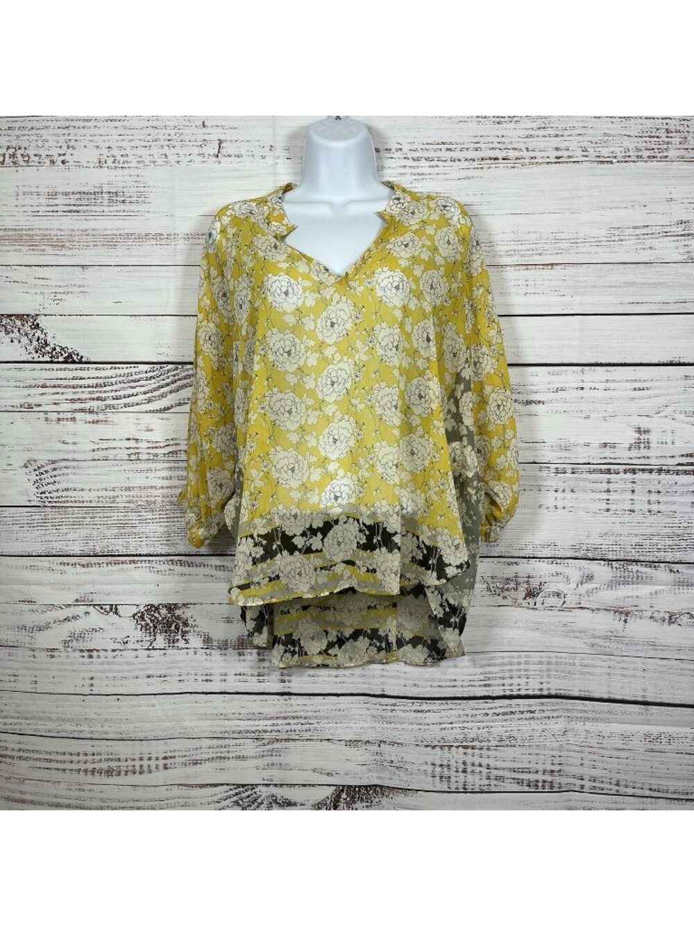 Cabi Yellow Floral V Neck Sheer 3/4 Sleeve Blouse